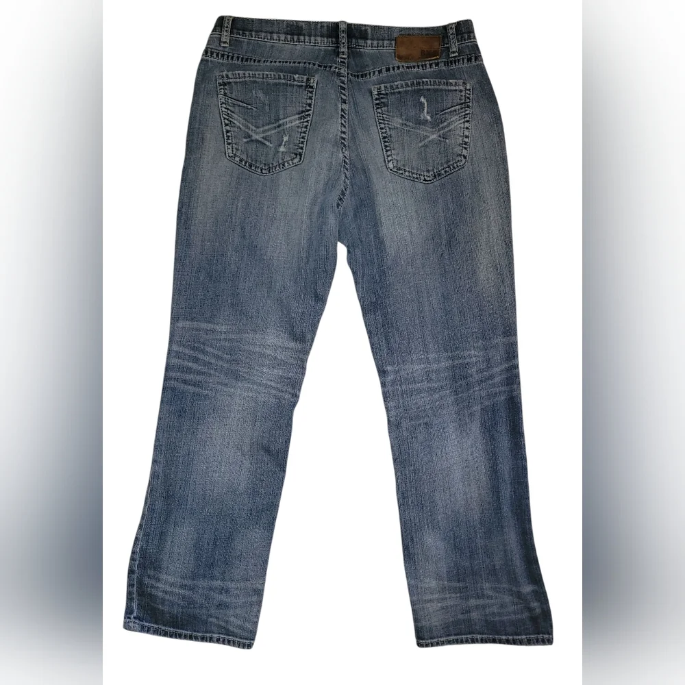 BKE Tyler 36R 36X30 MENS Straight Leg Whiskered Distressed Blue Jeans Fading - Picture 3 of 8
